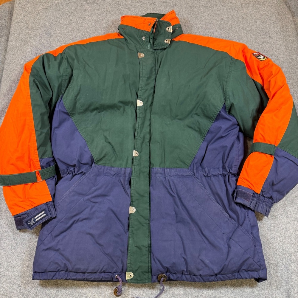 Triple FAT Goose Vintage Down Puffer Jacket Colorblock Parka Green Orange XL